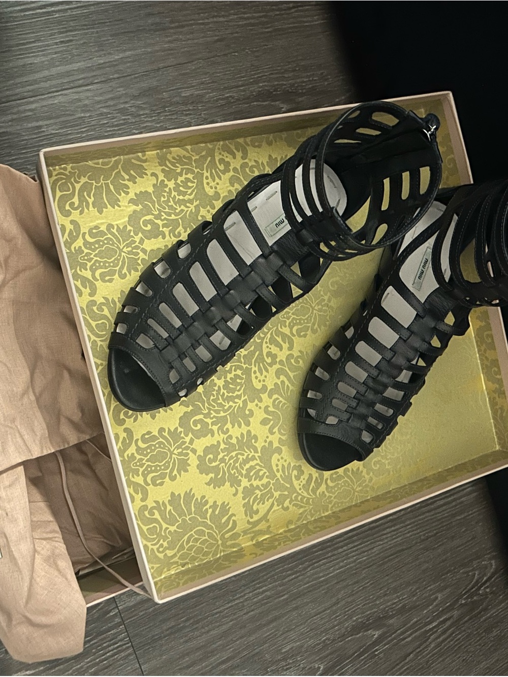 BEAUTIFUL MIU MIU BLACK CAGE GLADIATOR SANDALS!